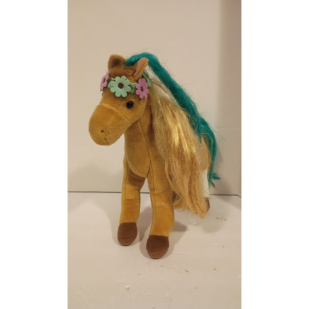 Douglas The Cuddle Toy Horse Plush Tan Teal Blonde Hair Flower Crown 11 Inch